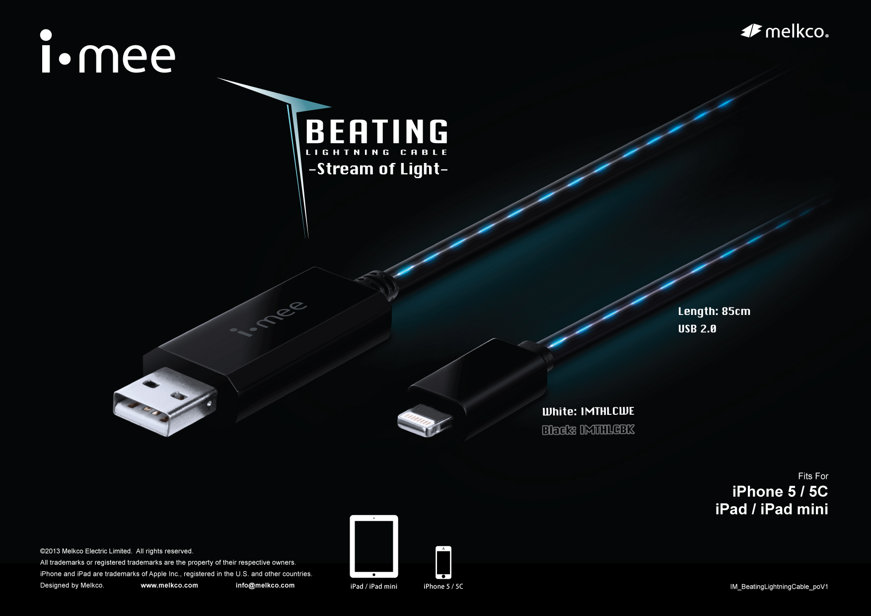 Светящийся кабель i-Mee Beating Lightning Cables для Apple iPhone 5/5S/5C/New iPad 4 - черный